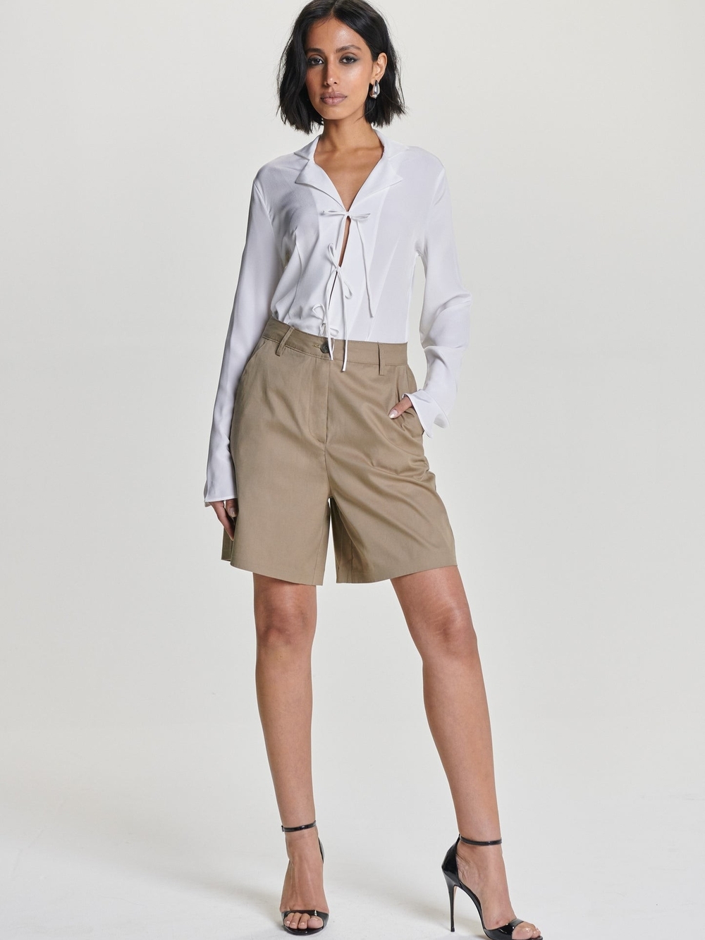 Brody Short. Tailored High-Rise Tan Bermuda Shorts